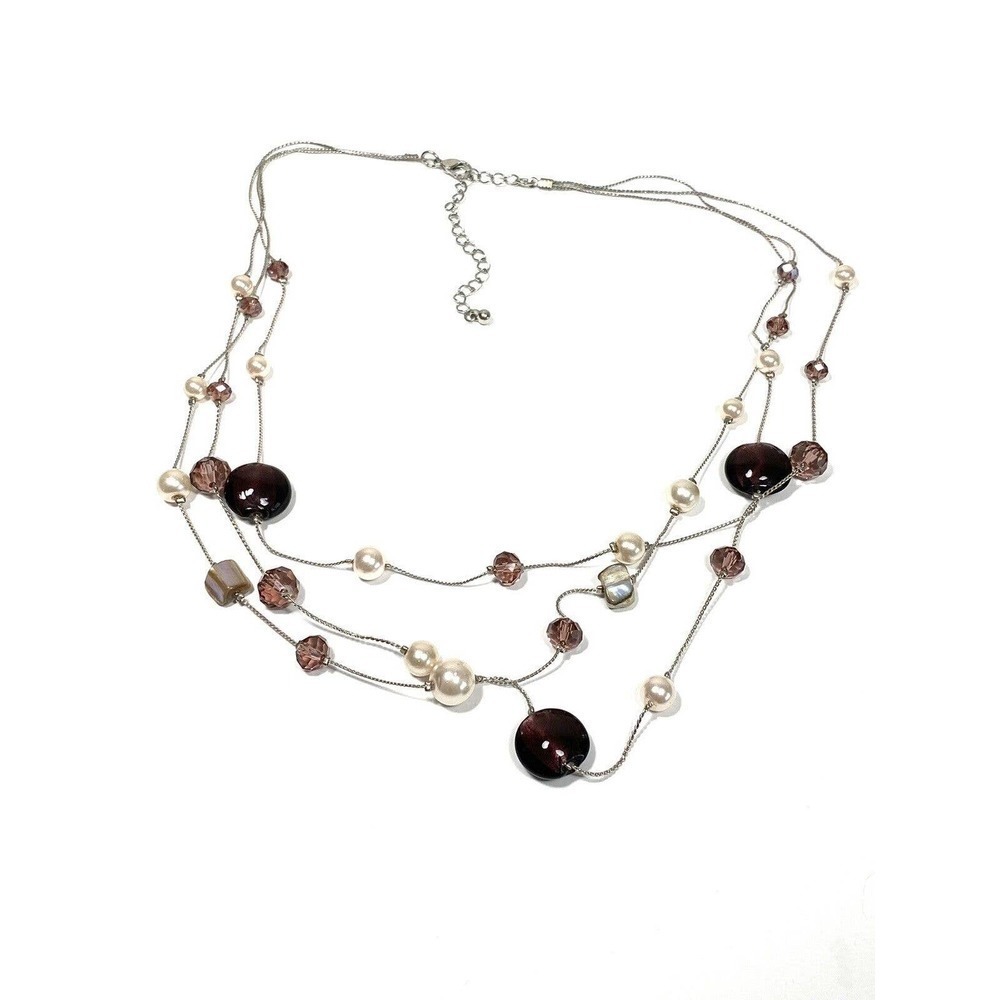 Necklace Three Layers Faux Pearls Glass Beads MOP Silver Tone 19”+3”